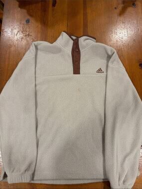 adidas Men's Cream Sherpa Fleece Pullover with Brown Trim and Snap Placket